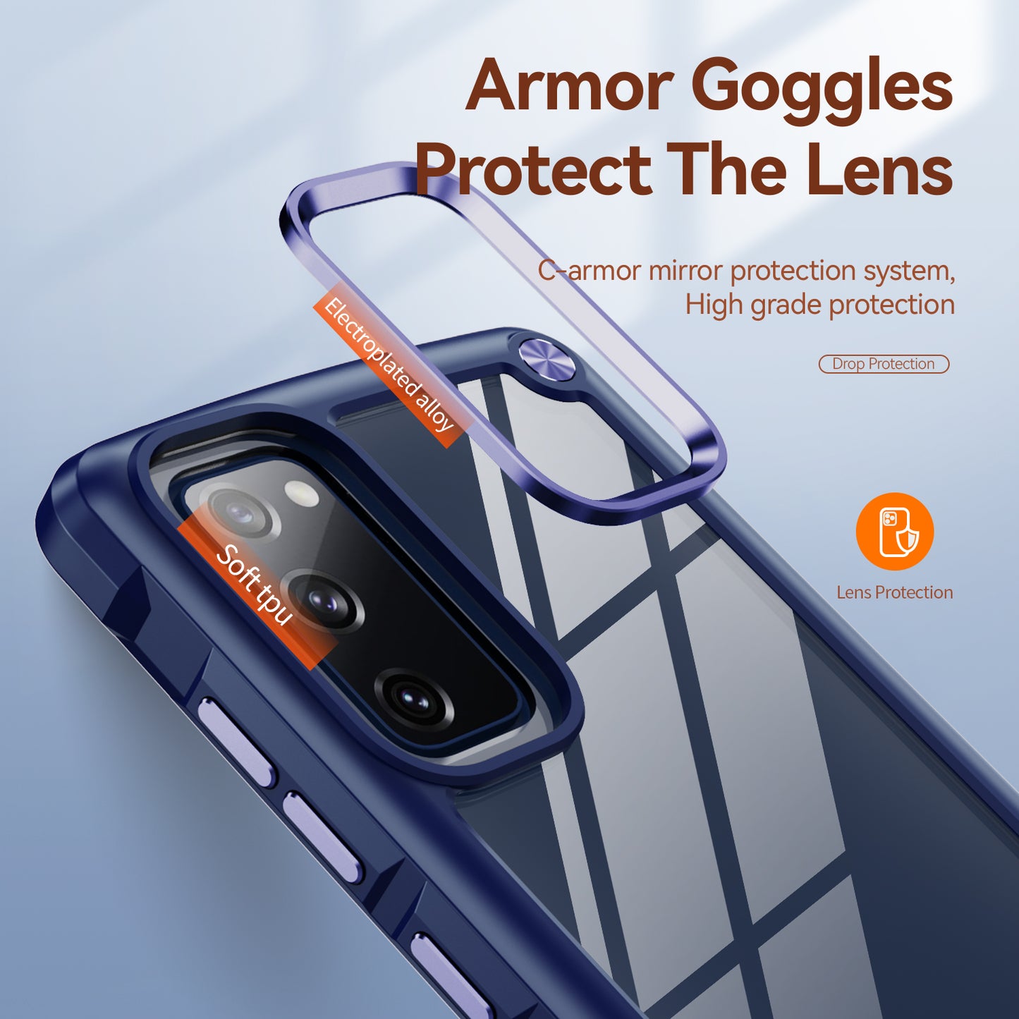 Shockproof Phone Case for Samsung Galaxy S20 FE 2022/S20 FE 4G/5G/S20 Lite, Full Body Protection PC+TPU Hybrid Phone Shell Case with Strap - Blue/Blue