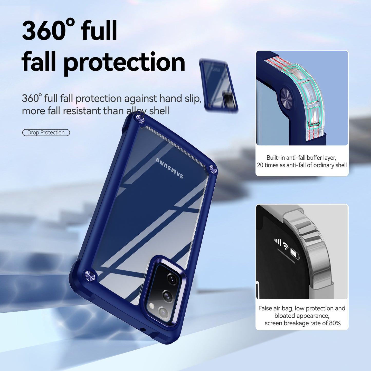 Shockproof Phone Case for Samsung Galaxy S20 FE 2022/S20 FE 4G/5G/S20 Lite, Full Body Protection PC+TPU Hybrid Phone Shell Case with Strap - Blue/Blue
