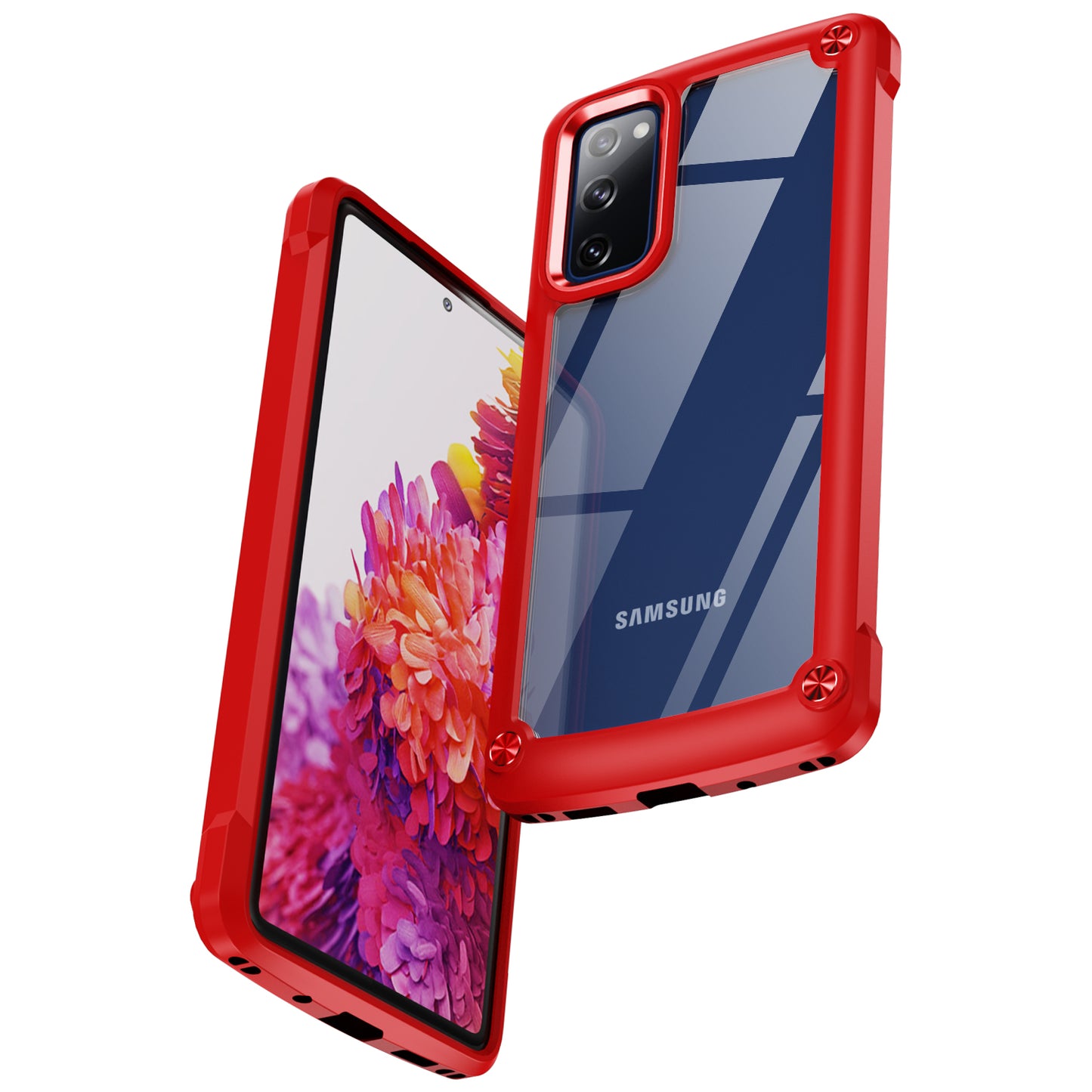 Shockproof Phone Case for Samsung Galaxy S20 FE 2022/S20 FE 4G/5G/S20 Lite, Full Body Protection PC+TPU Hybrid Phone Shell Case with Strap - Red/Red