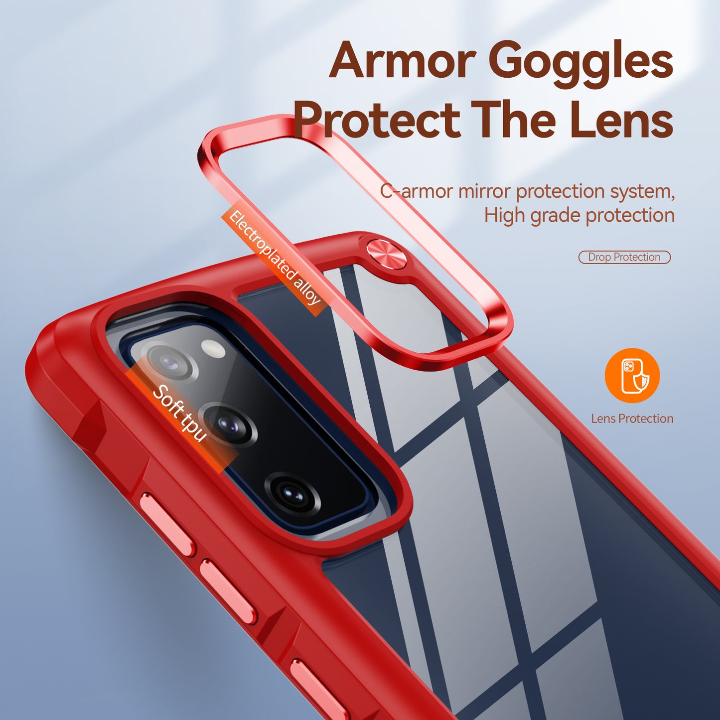 Shockproof Phone Case for Samsung Galaxy S20 FE 2022/S20 FE 4G/5G/S20 Lite, Full Body Protection PC+TPU Hybrid Phone Shell Case with Strap - Red/Red