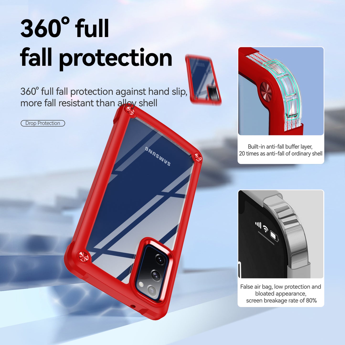 Shockproof Phone Case for Samsung Galaxy S20 FE 2022/S20 FE 4G/5G/S20 Lite, Full Body Protection PC+TPU Hybrid Phone Shell Case with Strap - Red/Red