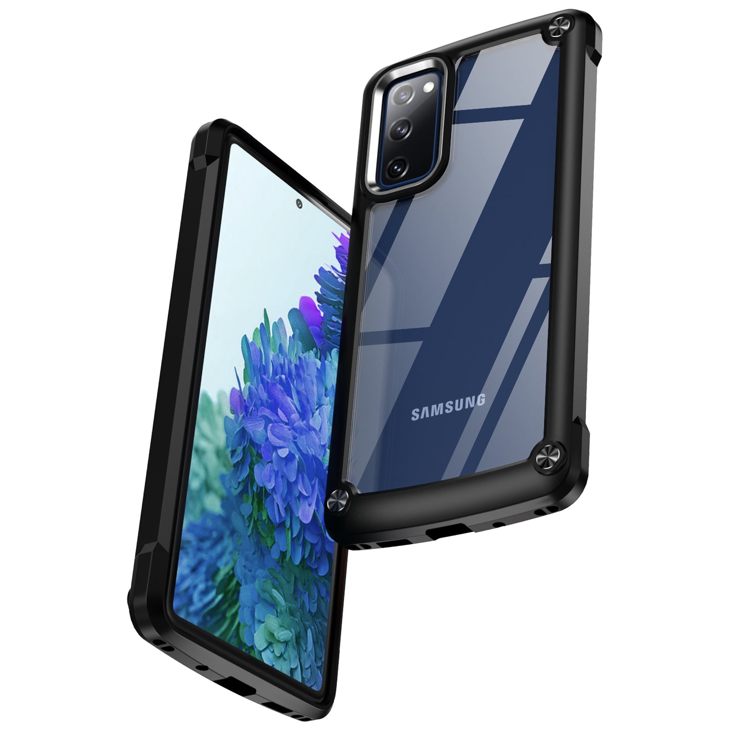 Shockproof Phone Case for Samsung Galaxy S20 FE 2022/S20 FE 4G/5G/S20 Lite, Full Body Protection PC+TPU Hybrid Phone Shell Case with Strap - Black/Black