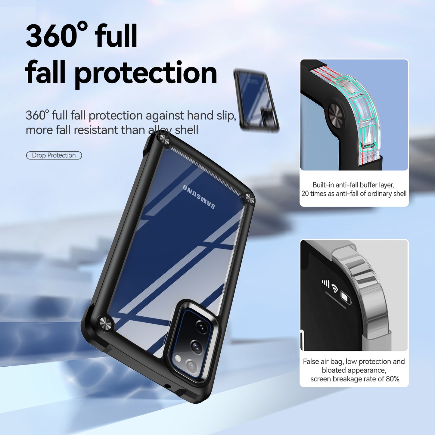 Shockproof Phone Case for Samsung Galaxy S20 FE 2022/S20 FE 4G/5G/S20 Lite, Full Body Protection PC+TPU Hybrid Phone Shell Case with Strap - Black/Black