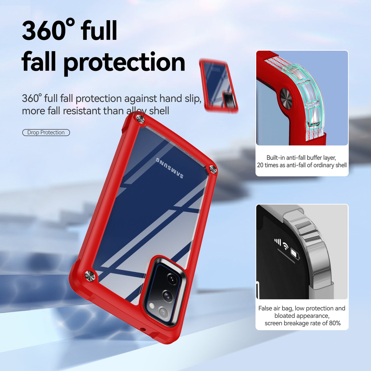Shockproof Phone Case for Samsung Galaxy S20 FE 2022/S20 FE 4G/5G/S20 Lite, Full Body Protection PC+TPU Hybrid Phone Shell Case with Strap - Red/Black