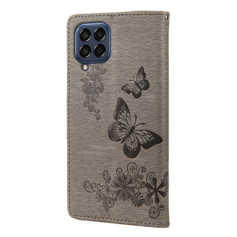 For Samsung Galaxy M33 5G (Global Version) Wallet Case Butterfly Flower Imprinted PU Leather Stand Flip Cover with Hand Strap - Grey