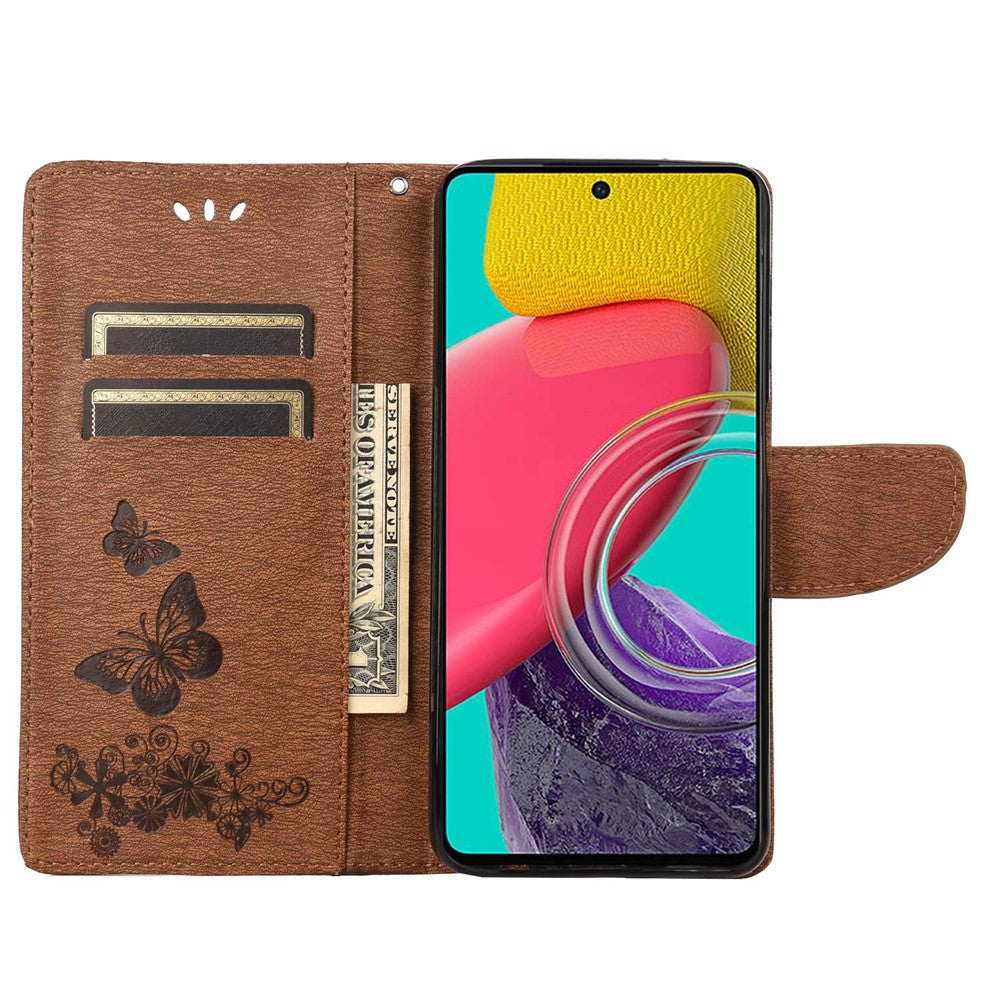 For Samsung Galaxy M33 5G (Global Version) Wallet Case Butterfly Flower Imprinted PU Leather Stand Flip Cover with Hand Strap - Brown