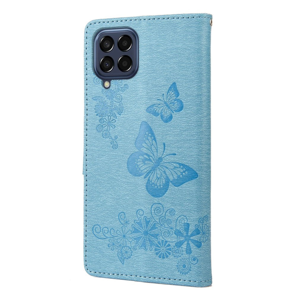 For Samsung Galaxy M33 5G (Global Version) Wallet Case Butterfly Flower Imprinted PU Leather Stand Flip Cover with Hand Strap - Blue