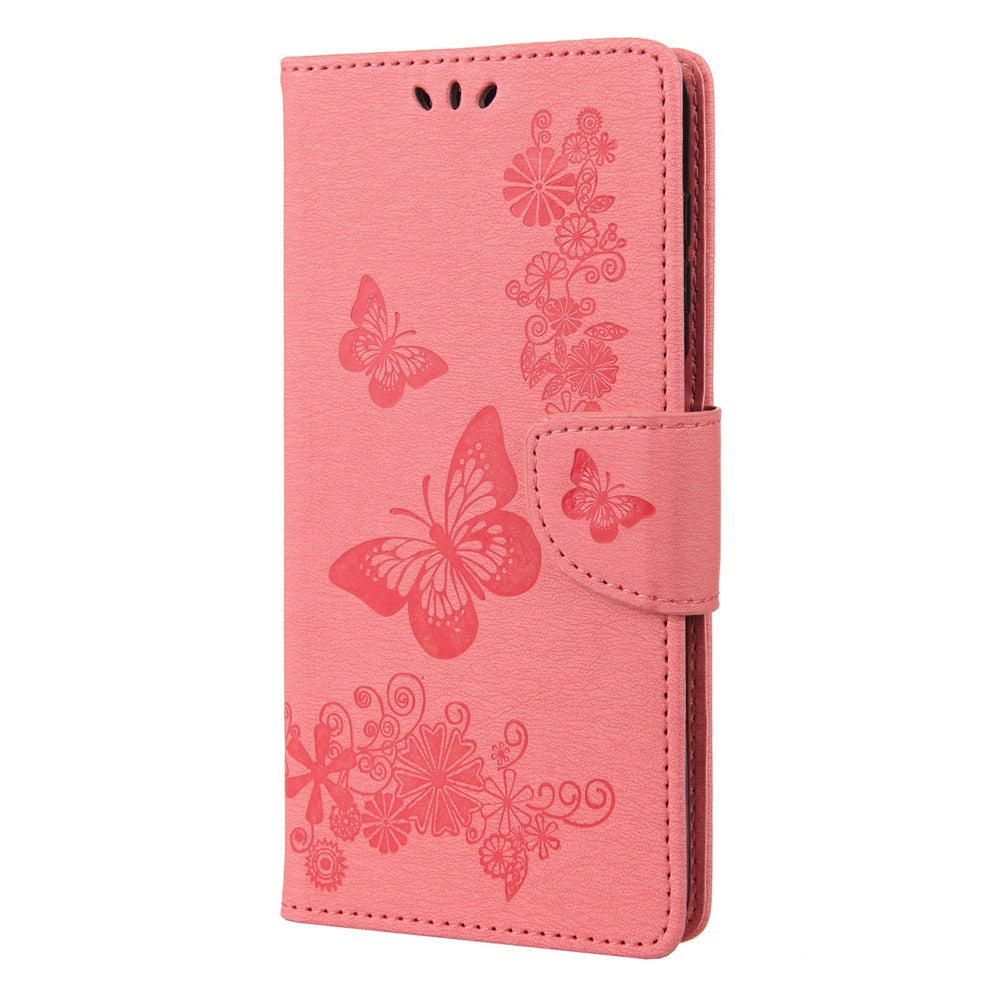 For Samsung Galaxy M33 5G (Global Version) Wallet Case Butterfly Flower Imprinted PU Leather Stand Flip Cover with Hand Strap - Pink