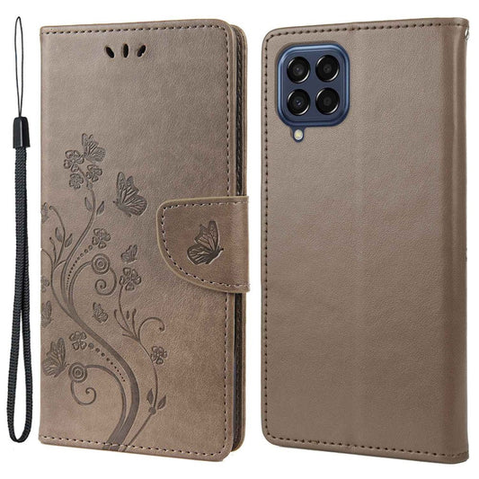 For Samsung Galaxy M33 5G (Global Version) Butterfly Flower Imprinted Wallet Case, PU Leather Foldable Stand Flip Cover with Hand Strap - Grey