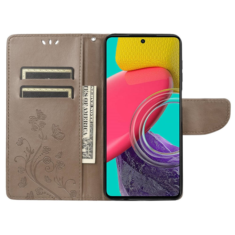 For Samsung Galaxy M33 5G (Global Version) Butterfly Flower Imprinted Wallet Case, PU Leather Foldable Stand Flip Cover with Hand Strap - Grey