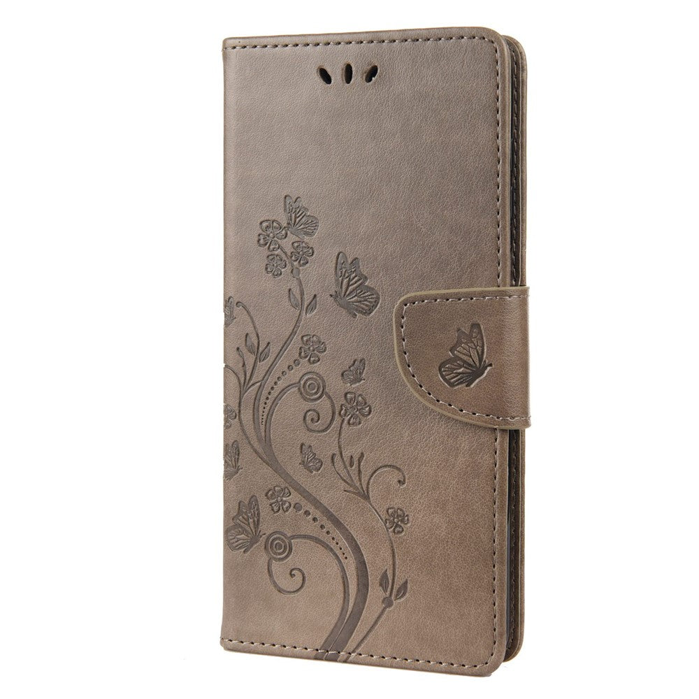 For Samsung Galaxy M33 5G (Global Version) Butterfly Flower Imprinted Wallet Case, PU Leather Foldable Stand Flip Cover with Hand Strap - Grey