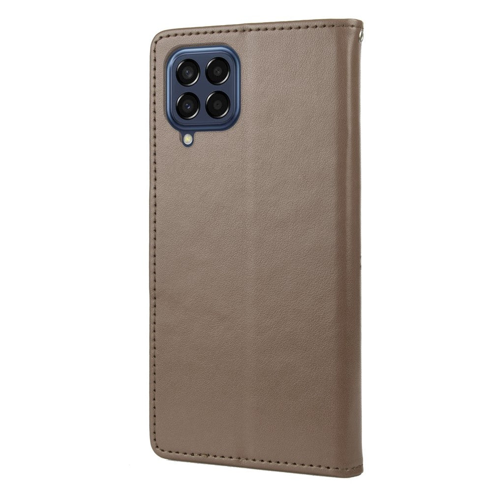For Samsung Galaxy M33 5G (Global Version) Butterfly Flower Imprinted Wallet Case, PU Leather Foldable Stand Flip Cover with Hand Strap - Grey
