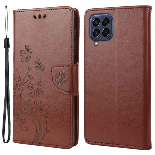 For Samsung Galaxy M33 5G (Global Version) Butterfly Flower Imprinted Wallet Case, PU Leather Foldable Stand Flip Cover with Hand Strap - Brown