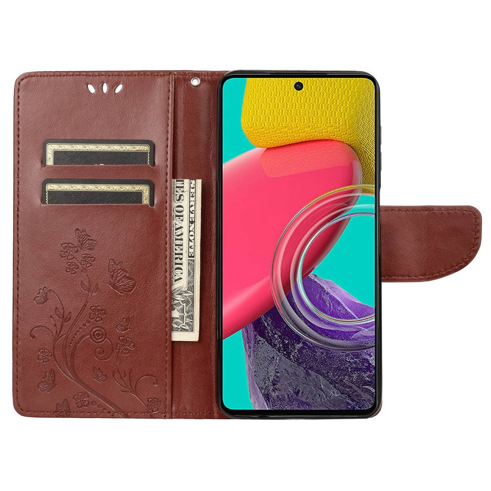 For Samsung Galaxy M33 5G (Global Version) Butterfly Flower Imprinted Wallet Case, PU Leather Foldable Stand Flip Cover with Hand Strap - Brown