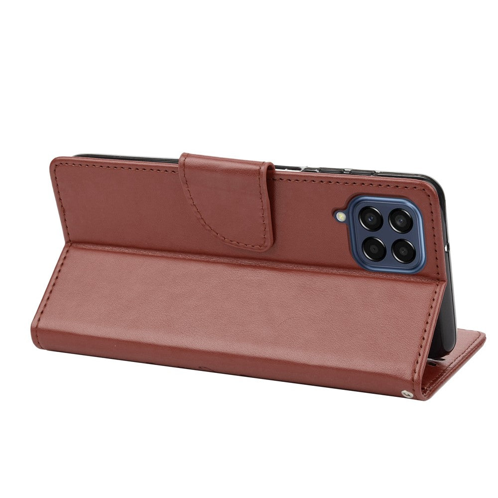 For Samsung Galaxy M33 5G (Global Version) Butterfly Flower Imprinted Wallet Case, PU Leather Foldable Stand Flip Cover with Hand Strap - Brown