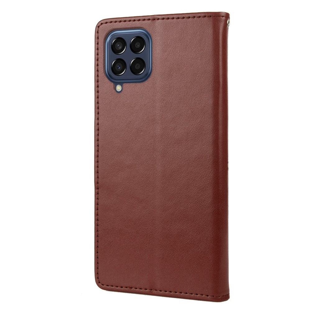 For Samsung Galaxy M33 5G (Global Version) Butterfly Flower Imprinted Wallet Case, PU Leather Foldable Stand Flip Cover with Hand Strap - Brown