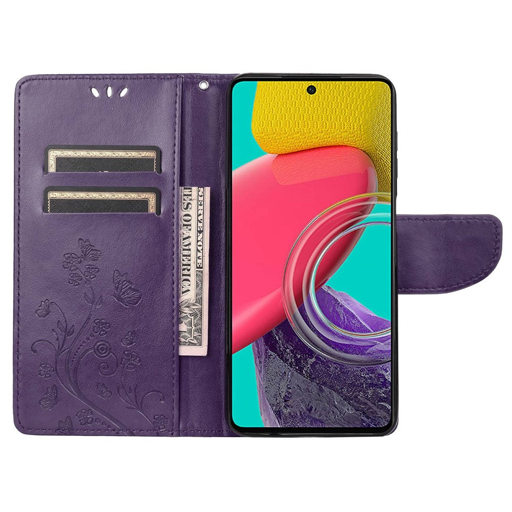 For Samsung Galaxy M33 5G (Global Version) Butterfly Flower Imprinted Wallet Case, PU Leather Foldable Stand Flip Cover with Hand Strap - Purple