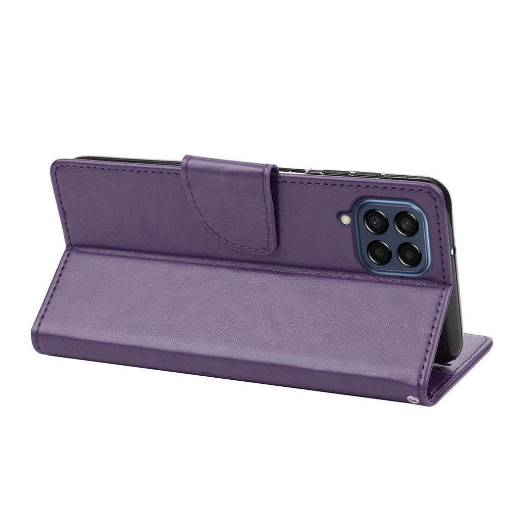 For Samsung Galaxy M33 5G (Global Version) Butterfly Flower Imprinted Wallet Case, PU Leather Foldable Stand Flip Cover with Hand Strap - Purple