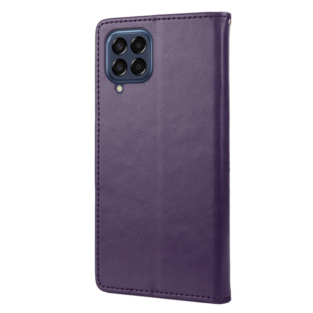 For Samsung Galaxy M33 5G (Global Version) Butterfly Flower Imprinted Wallet Case, PU Leather Foldable Stand Flip Cover with Hand Strap - Purple