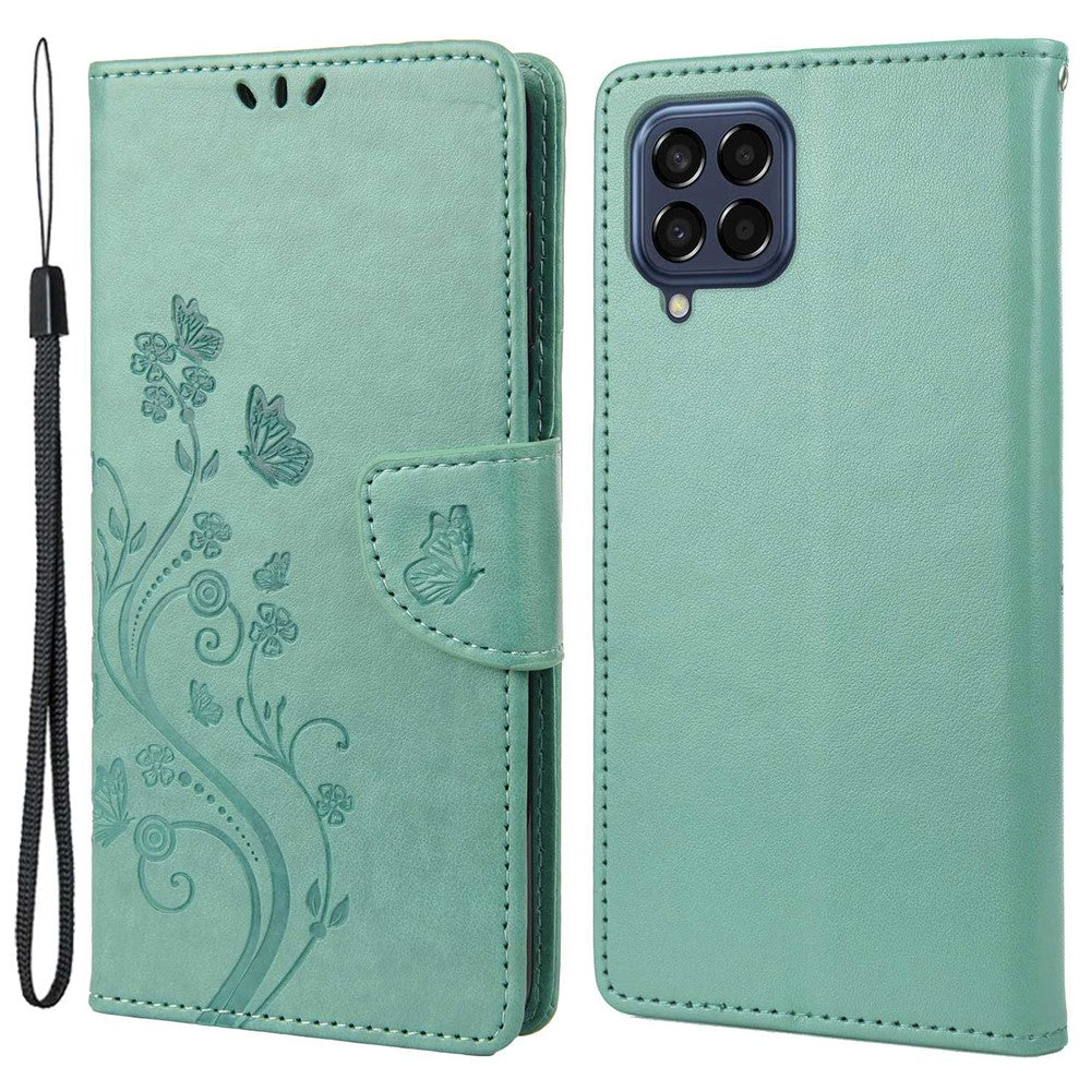 For Samsung Galaxy M33 5G (Global Version) Butterfly Flower Imprinted Wallet Case, PU Leather Foldable Stand Flip Cover with Hand Strap - Green