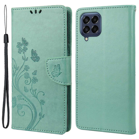For Samsung Galaxy M33 5G (Global Version) Butterfly Flower Imprinted Wallet Case, PU Leather Foldable Stand Flip Cover with Hand Strap - Green