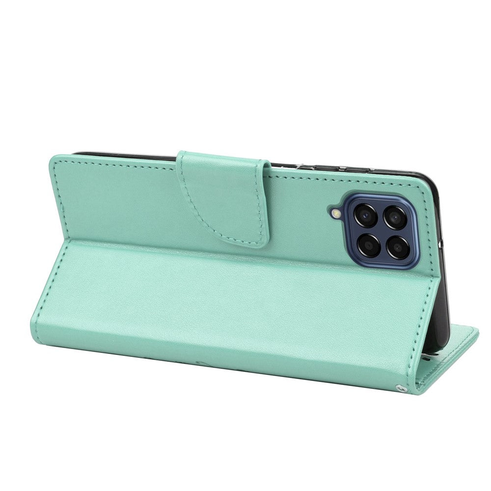 For Samsung Galaxy M33 5G (Global Version) Butterfly Flower Imprinted Wallet Case, PU Leather Foldable Stand Flip Cover with Hand Strap - Green