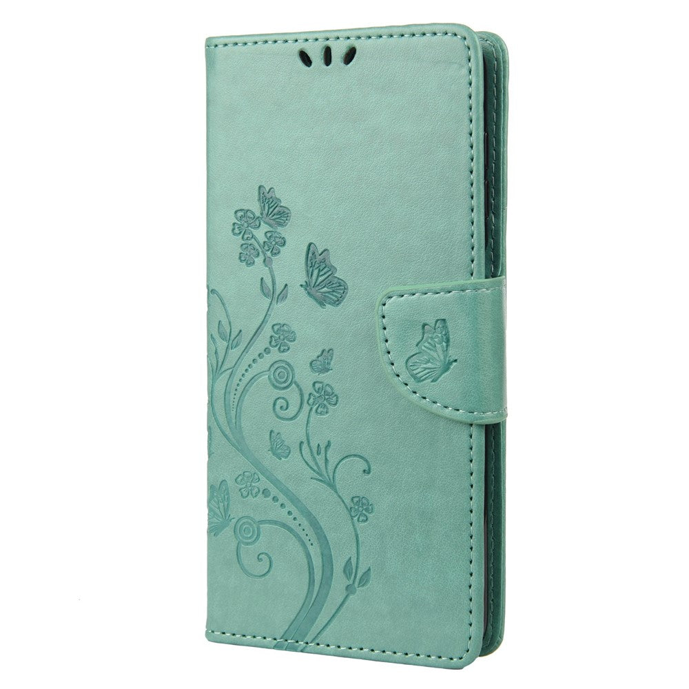 For Samsung Galaxy M33 5G (Global Version) Butterfly Flower Imprinted Wallet Case, PU Leather Foldable Stand Flip Cover with Hand Strap - Green