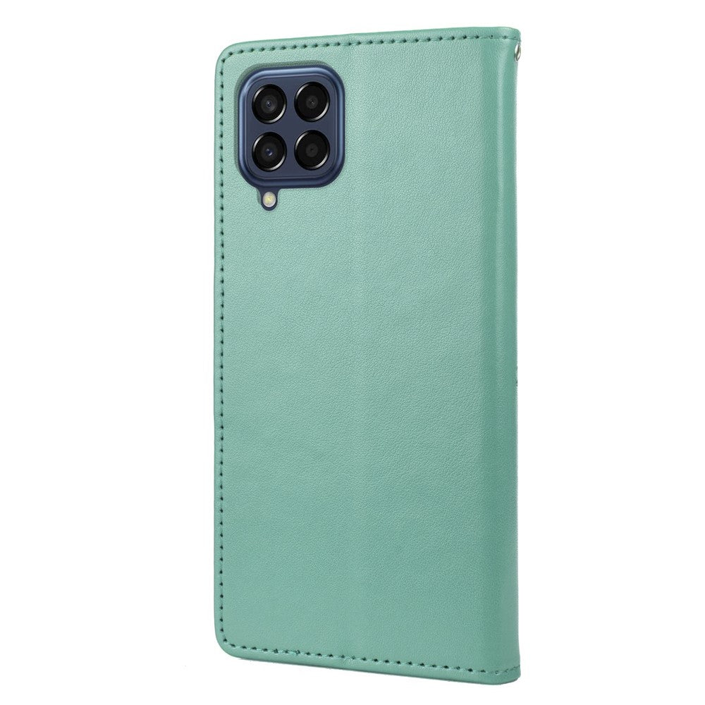 For Samsung Galaxy M33 5G (Global Version) Butterfly Flower Imprinted Wallet Case, PU Leather Foldable Stand Flip Cover with Hand Strap - Green
