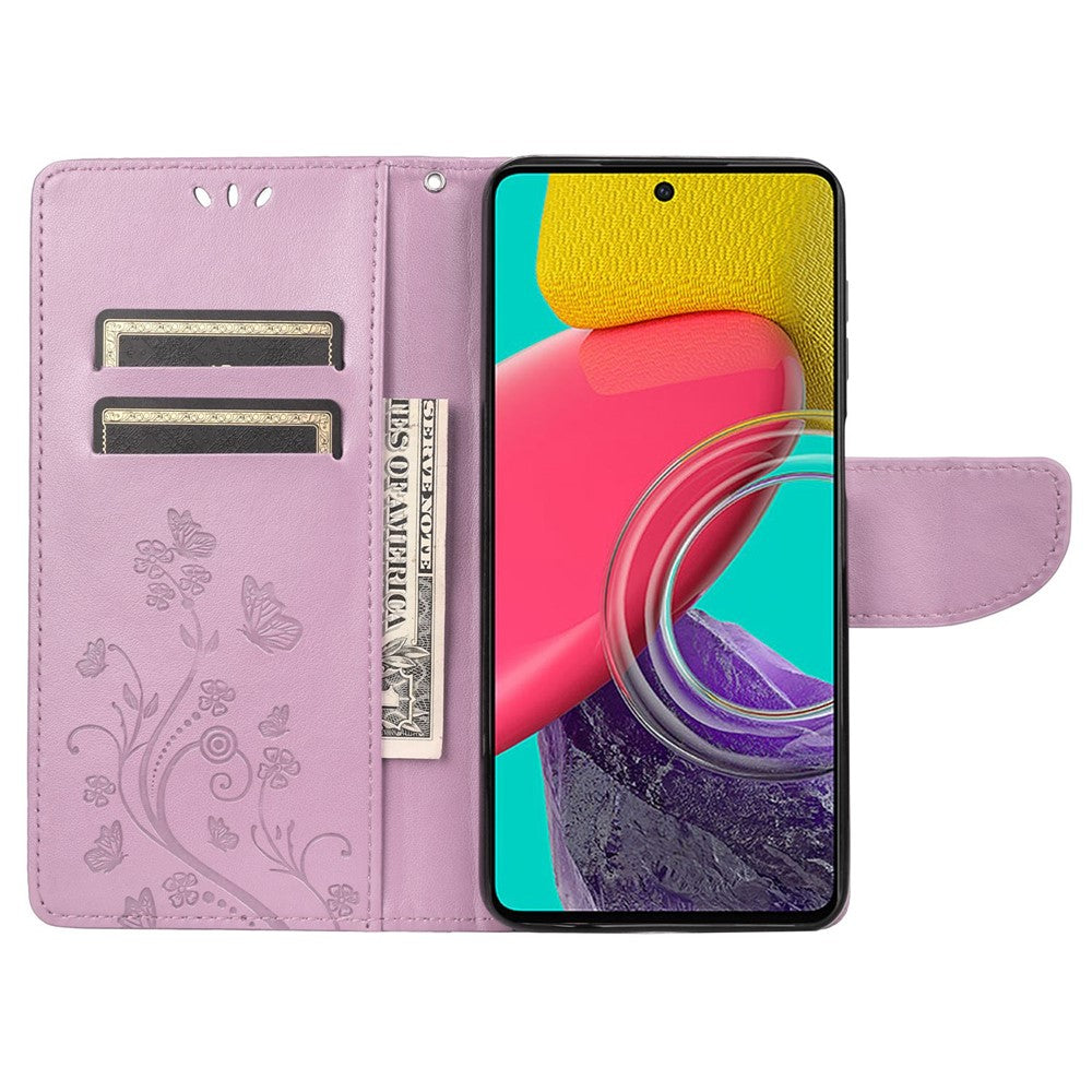 For Samsung Galaxy M33 5G (Global Version) Butterfly Flower Imprinted Wallet Case, PU Leather Foldable Stand Flip Cover with Hand Strap - Light Purple