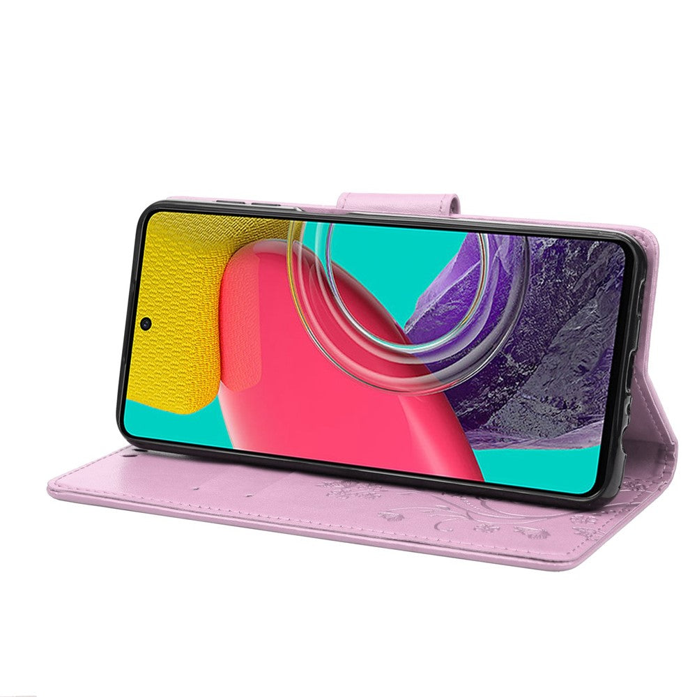 For Samsung Galaxy M33 5G (Global Version) Butterfly Flower Imprinted Wallet Case, PU Leather Foldable Stand Flip Cover with Hand Strap - Light Purple