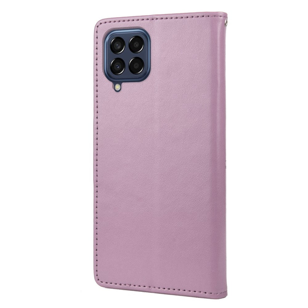 For Samsung Galaxy M33 5G (Global Version) Butterfly Flower Imprinted Wallet Case, PU Leather Foldable Stand Flip Cover with Hand Strap - Light Purple