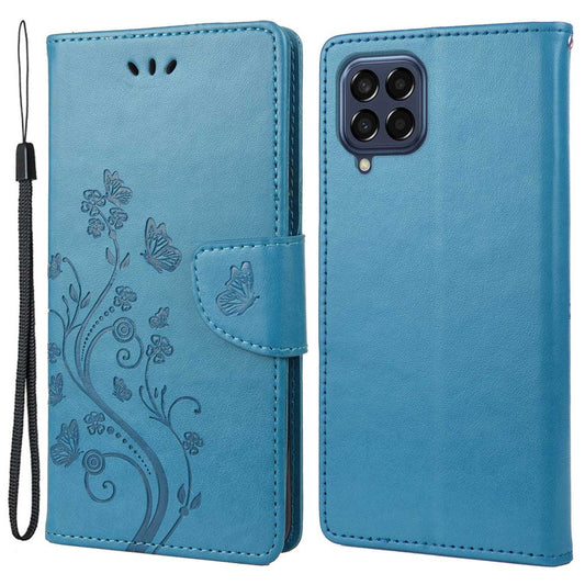 For Samsung Galaxy M33 5G (Global Version) Butterfly Flower Imprinted Wallet Case, PU Leather Foldable Stand Flip Cover with Hand Strap - Blue