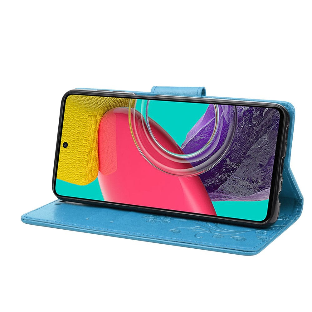 For Samsung Galaxy M33 5G (Global Version) Butterfly Flower Imprinted Wallet Case, PU Leather Foldable Stand Flip Cover with Hand Strap - Blue