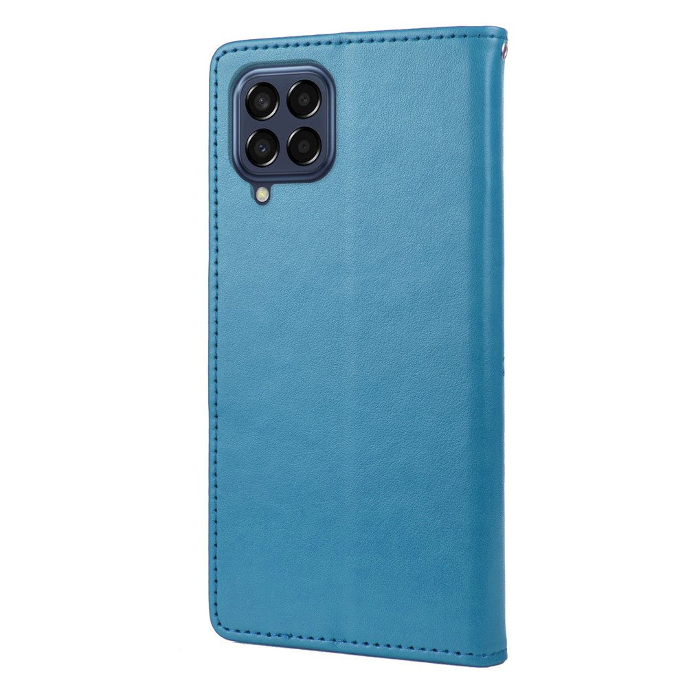 For Samsung Galaxy M33 5G (Global Version) Butterfly Flower Imprinted Wallet Case, PU Leather Foldable Stand Flip Cover with Hand Strap - Blue