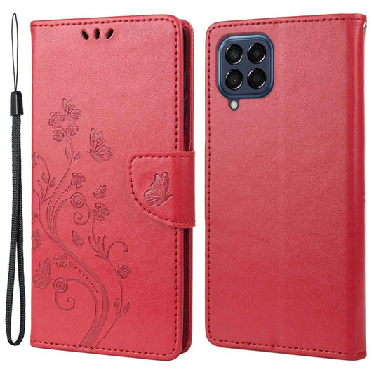 For Samsung Galaxy M33 5G (Global Version) Butterfly Flower Imprinted Wallet Case, PU Leather Foldable Stand Flip Cover with Hand Strap - Red