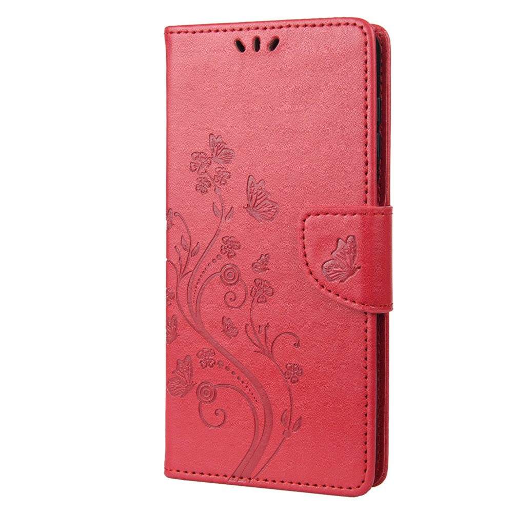 For Samsung Galaxy M33 5G (Global Version) Butterfly Flower Imprinted Wallet Case, PU Leather Foldable Stand Flip Cover with Hand Strap - Red