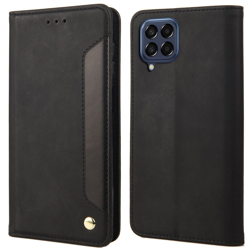 For Samsung Galaxy M33 5G (Global Version) Splicing PU Leather+TPU Skin-touch Feeling Case Stand Magnetic Absorption Flip Folio Wallet Cover - Black