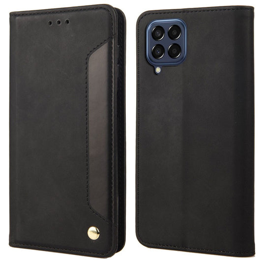For Samsung Galaxy M33 5G (Global Version) Splicing PU Leather+TPU Skin-touch Feeling Case Stand Magnetic Absorption Flip Folio Wallet Cover - Black