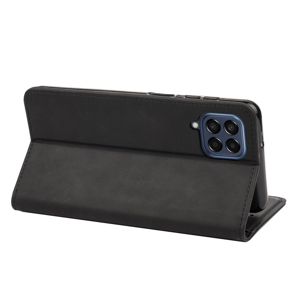 For Samsung Galaxy M33 5G (Global Version) Splicing PU Leather+TPU Skin-touch Feeling Case Stand Magnetic Absorption Flip Folio Wallet Cover - Black