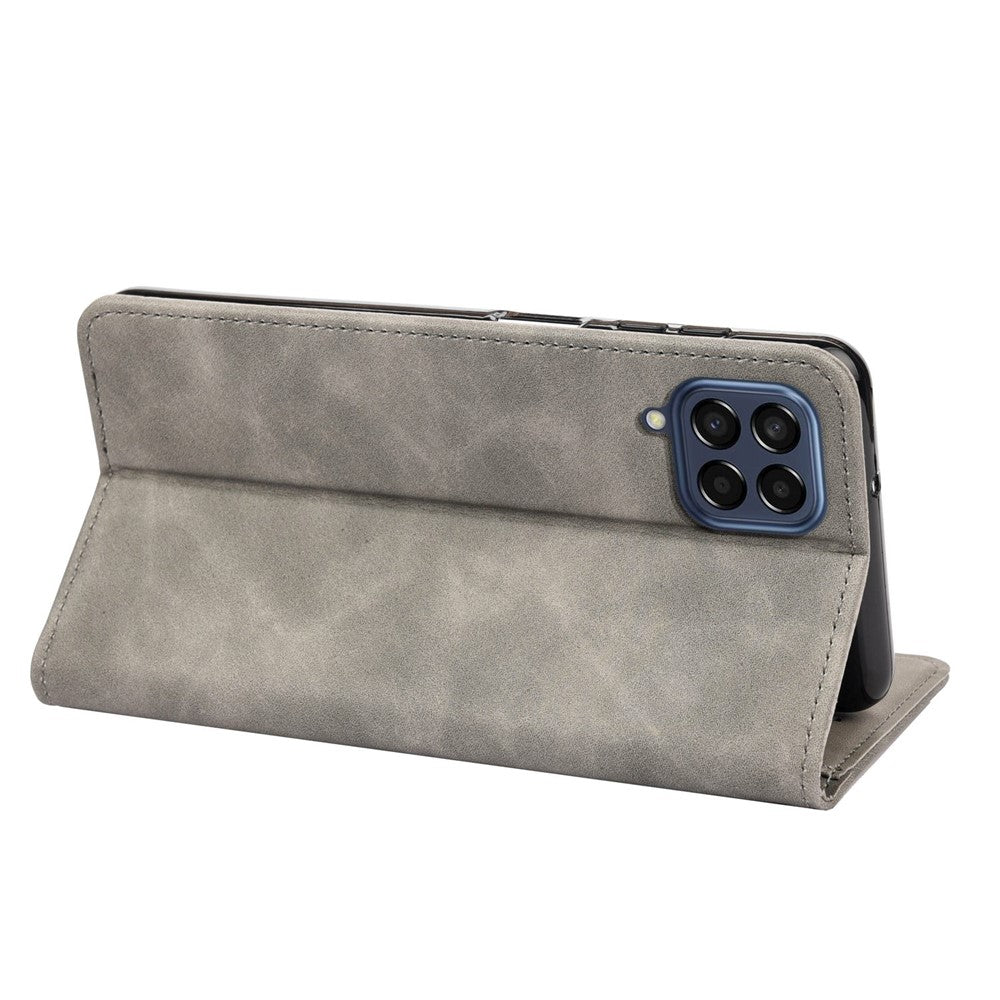 For Samsung Galaxy M33 5G (Global Version) Splicing PU Leather+TPU Skin-touch Feeling Case Stand Magnetic Absorption Flip Folio Wallet Cover - Grey