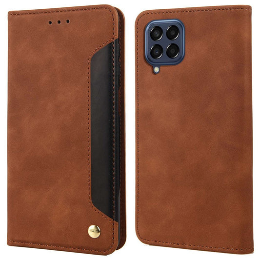For Samsung Galaxy M33 5G (Global Version) Splicing PU Leather+TPU Skin-touch Feeling Case Stand Magnetic Absorption Flip Folio Wallet Cover - Brown