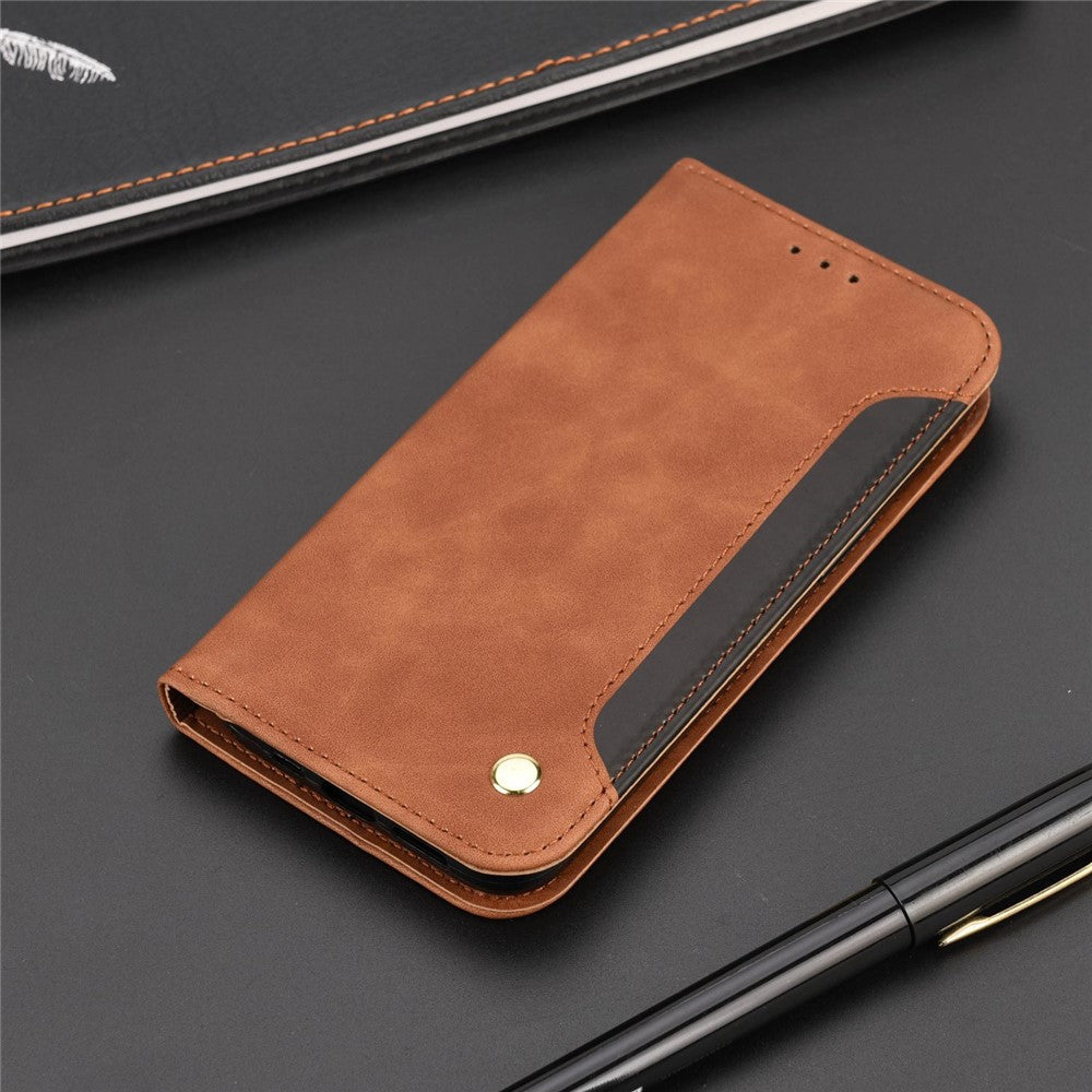 For Samsung Galaxy M33 5G (Global Version) Splicing PU Leather+TPU Skin-touch Feeling Case Stand Magnetic Absorption Flip Folio Wallet Cover - Brown