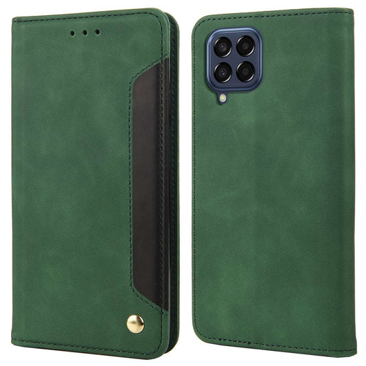 For Samsung Galaxy M33 5G (Global Version) Splicing PU Leather+TPU Skin-touch Feeling Case Stand Magnetic Absorption Flip Folio Wallet Cover - Green