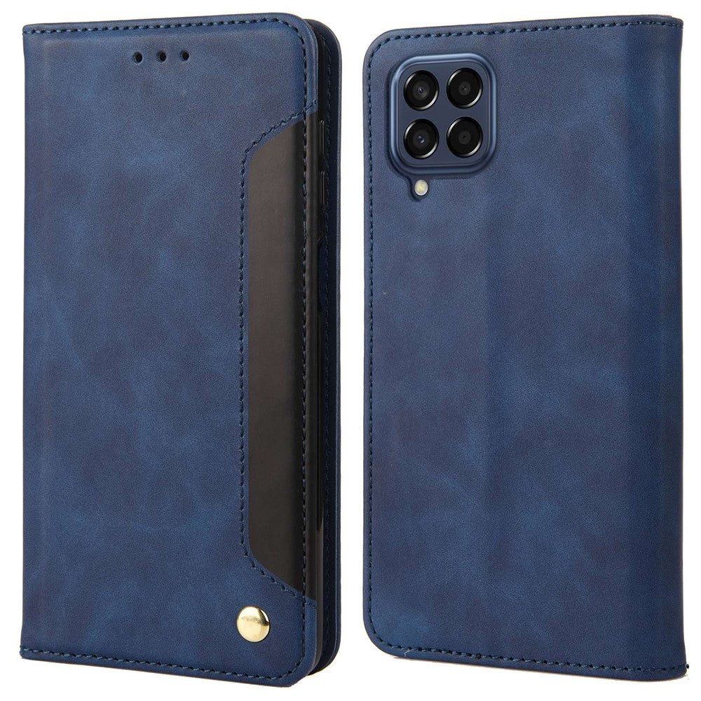 For Samsung Galaxy M33 5G (Global Version) Splicing PU Leather+TPU Skin-touch Feeling Case Stand Magnetic Absorption Flip Folio Wallet Cover - Blue