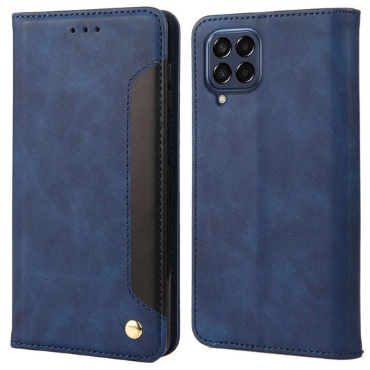 For Samsung Galaxy M33 5G (Global Version) Splicing PU Leather+TPU Skin-touch Feeling Case Stand Magnetic Absorption Flip Folio Wallet Cover - Blue