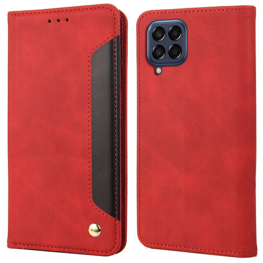For Samsung Galaxy M33 5G (Global Version) Splicing PU Leather+TPU Skin-touch Feeling Case Stand Magnetic Absorption Flip Folio Wallet Cover - Red
