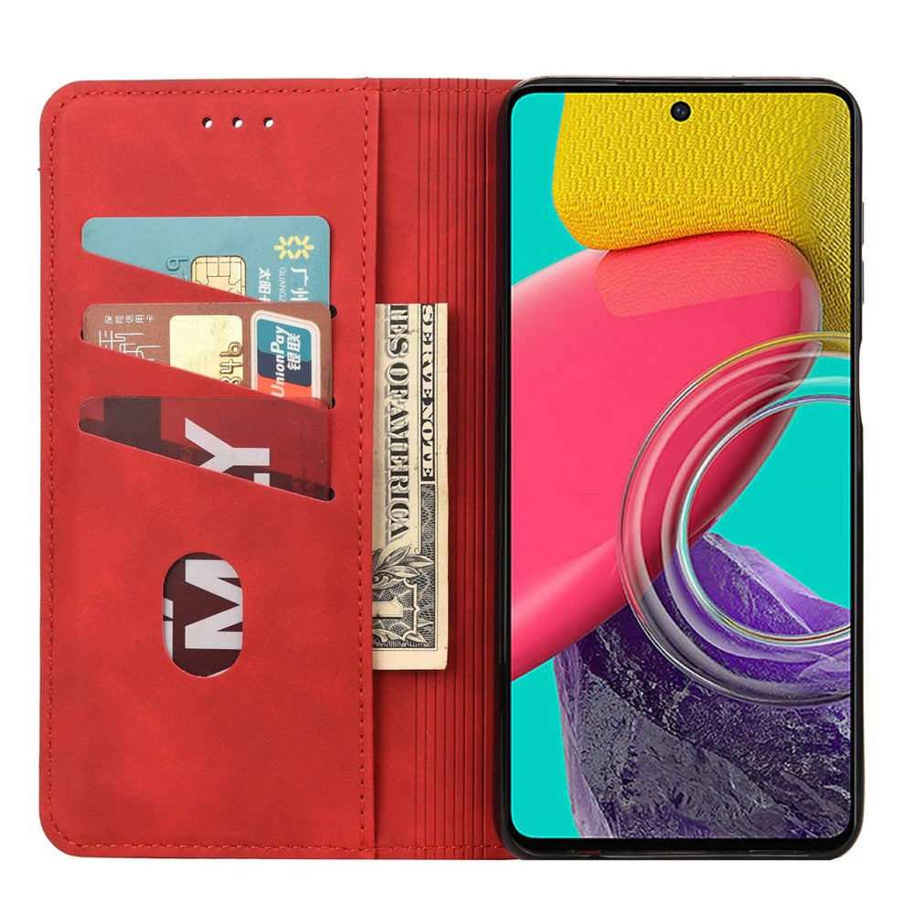 For Samsung Galaxy M33 5G (Global Version) Splicing PU Leather+TPU Skin-touch Feeling Case Stand Magnetic Absorption Flip Folio Wallet Cover - Red