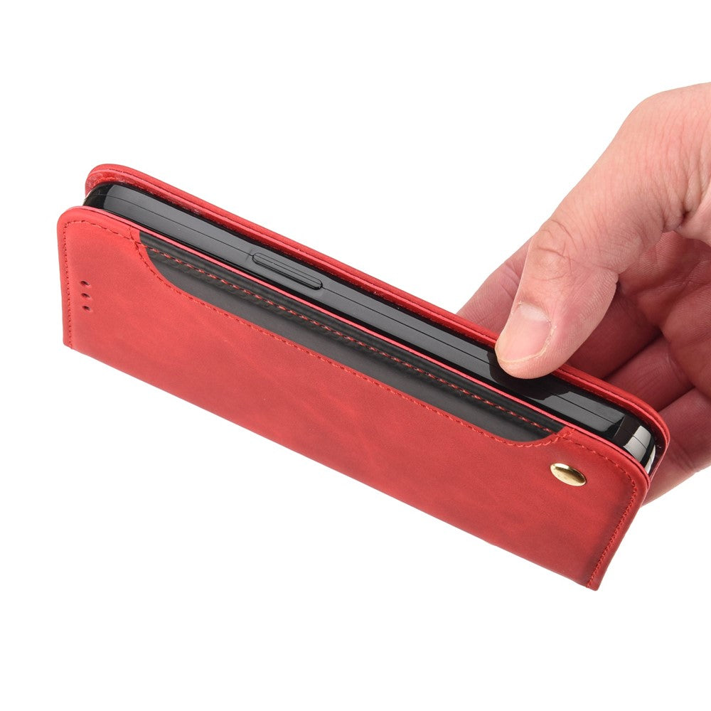 For Samsung Galaxy M33 5G (Global Version) Splicing PU Leather+TPU Skin-touch Feeling Case Stand Magnetic Absorption Flip Folio Wallet Cover - Red