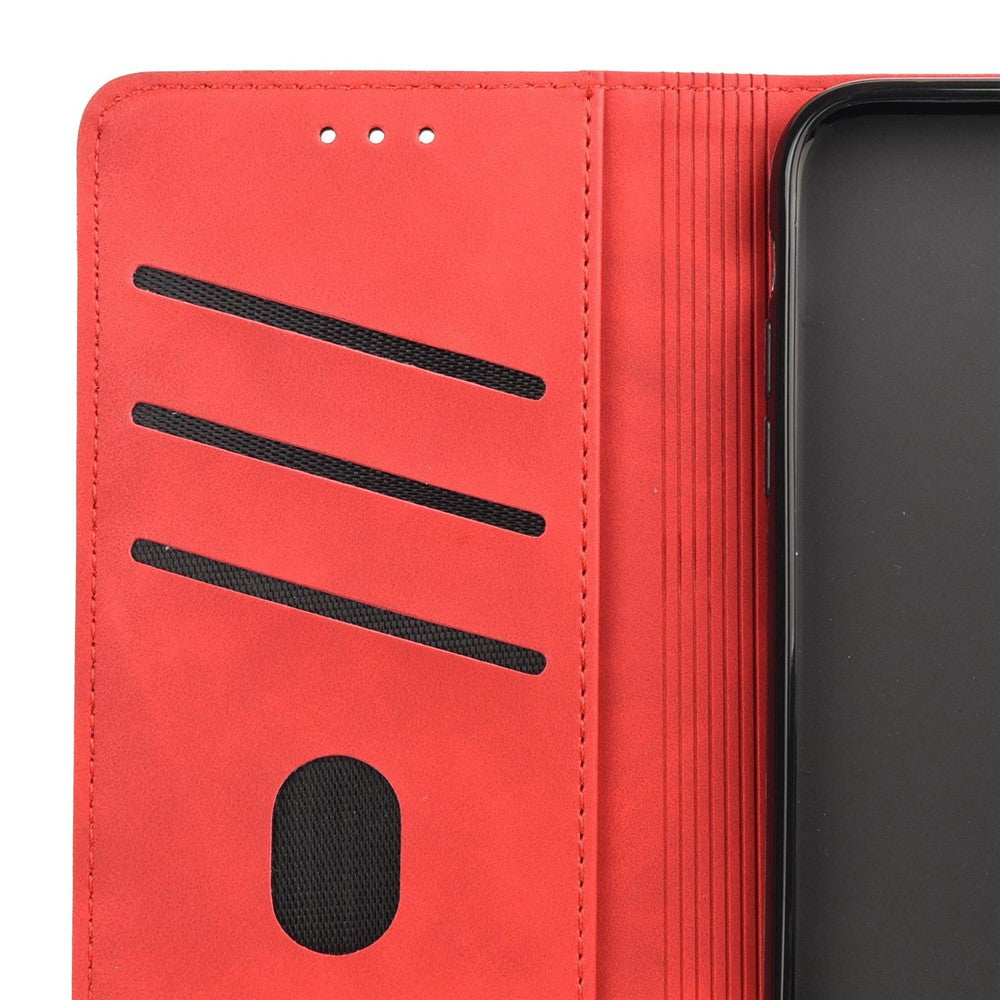For Samsung Galaxy M33 5G (Global Version) Splicing PU Leather+TPU Skin-touch Feeling Case Stand Magnetic Absorption Flip Folio Wallet Cover - Red