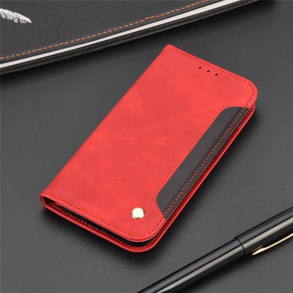 For Samsung Galaxy M33 5G (Global Version) Splicing PU Leather+TPU Skin-touch Feeling Case Stand Magnetic Absorption Flip Folio Wallet Cover - Red